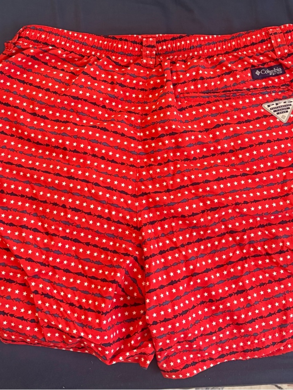 Columbia PFG Red Swim Trunks with Star Stripe Pattern